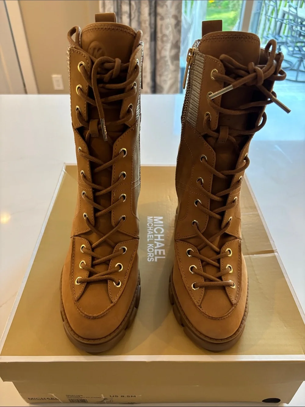 Michael Kors Tan Lace-Up Block Heel Boots with Jeweled Cuff